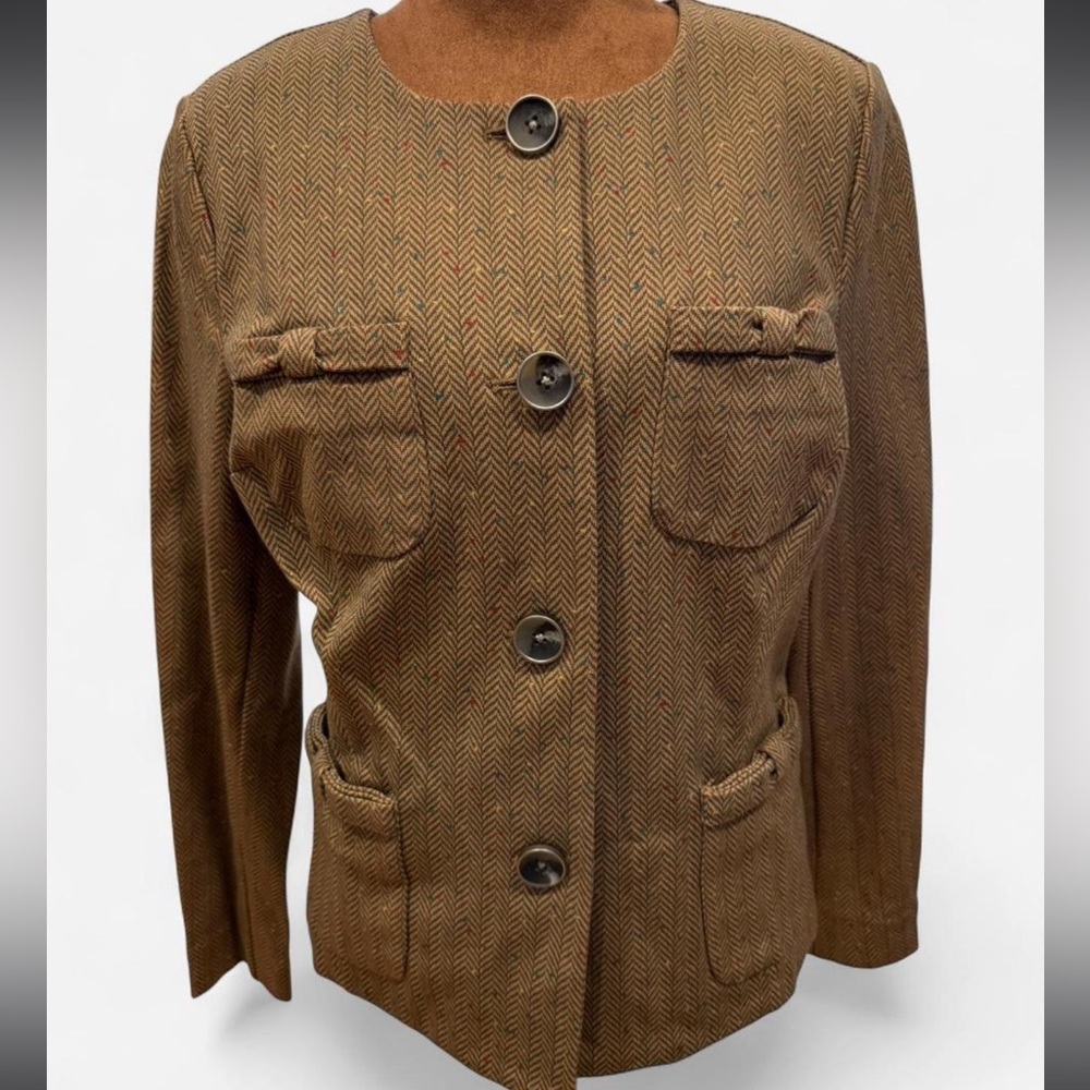 CAbi Brown Herringbone Round-Neck Button Lady Jacket Size M bow pocket